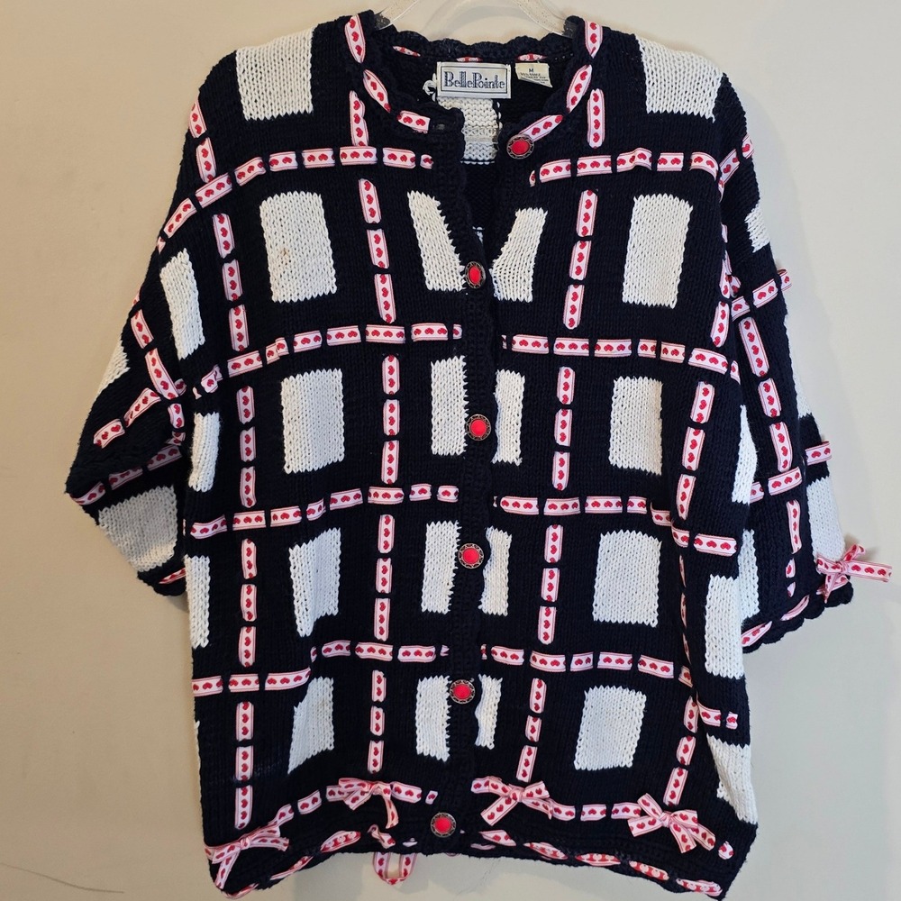 BellePointe Vintage Navy White Heart Ribbon Cardigan Sweater Short Sleeve Medium